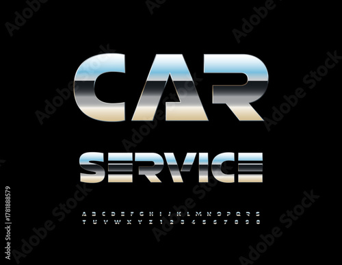 Vector Steel icon Car Service. Stainless Steel Font. Trendy Futuristic Silver Alphabet Letters and Numbers set.