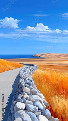 Panoramic Rural Landscape With A Winding Stone Wall Path Through Golden Fields Leading To The Blue Ocean Under A Clear Sky With White Clouds