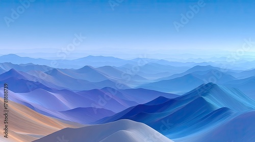 Panoramic Layered Hills Under A Vast Blue Sky With Soft Gradient Lighting And Distant Mountain Peaks Creating A Serene Landscape