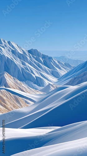 Panoramic Snow Covered Mountain Range Under A Clear Blue Sky With Sunlight Illuminating The Slopes And Valleys