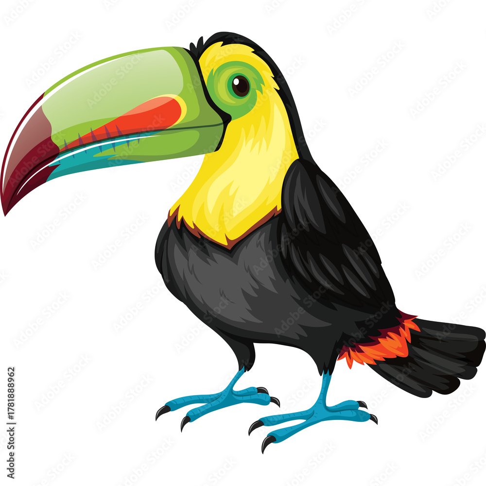 Naklejka premium A Colorful Toucan Bird With A Large Green And Red Beak Stands On A Blue Feet Against A White Background