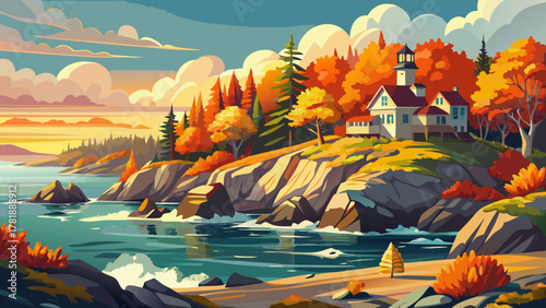 Very beautiful Indian summer scene at the coast of Maine near Rockport, featuring vibrant autumn foliage, rocky shoreline, calm ocean water, and warm golden sunlight creating a realistic and colorful 