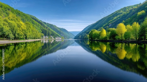 Panoramic View Of A Calm Lake Reflecting Lush Green Hills Under A Bright Blue Sky During Daytime