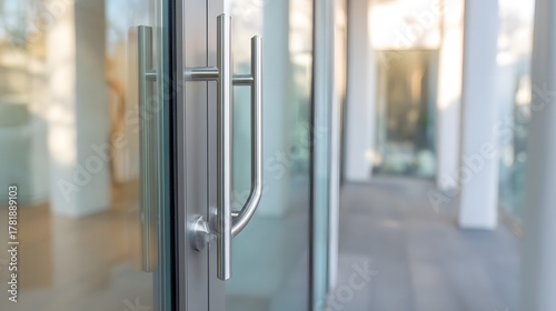 Wallpaper Mural Elegant modern home exterior showcasing a glass front door and sleek metal hardware design Torontodigital.ca