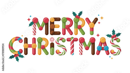 Festive Christmas Greeting: A colorful and cheerful Merry Christmas greeting, crafted in a whimsical style. Adorned with candy cane elements and festive sprigs.