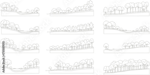 A collection of twelve distinct landscape sketches, each presenting a unique crosssectional view of varying terrains, showcasing diverse vegetation and topographical features isolated on white backgro