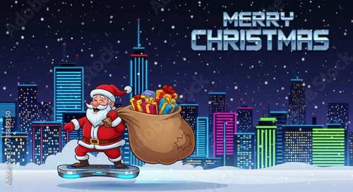 Santa Claus delivering gifts in a futuristic city on a hoverboard with Christmas spirit and falling snow for holiday marketing and seasonal promotions