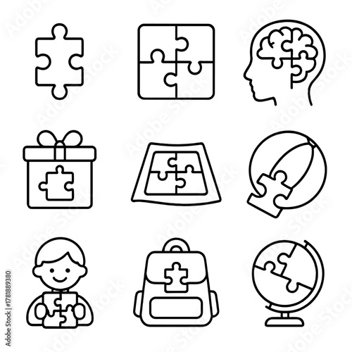 Puzzle icons set: brain, globe, gift, child, backpack, balloon