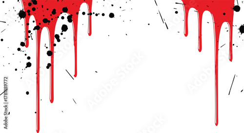 Red liquid streaks with black splatter on a white surface