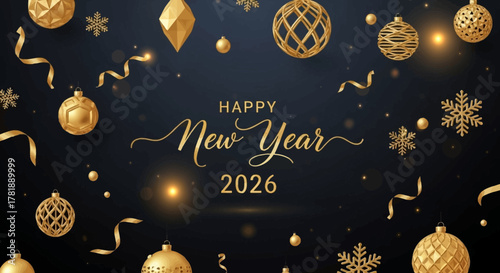 Wishing you a Happy New Year 2026 with elegant gold decorations for festive celebrations and joyous holiday greetings, perfect for seasonal marketing campaigns