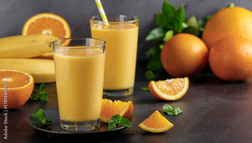 Fototapeta premium Two glasses of vibrant yellow-orange smoothie made from fresh bananas and oranges, garnished with mint, set on a dark background with whole fruits.