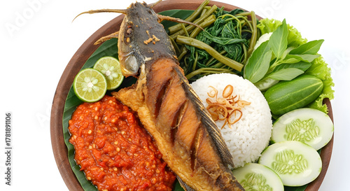 Lele penyet, Indonesian fried catfish dish with rice, vegetables and chili sauce.
