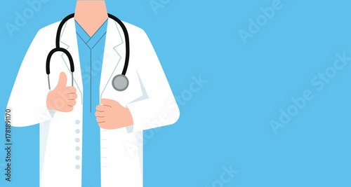 Doctor in white coat with stethoscope giving thumbs up on blue background