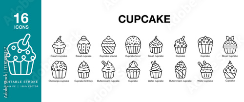 Cupcake icon set. Includes cupcake, dessert, sweet, bakery, pastry and More. Editable Stroke Icon Collection.
