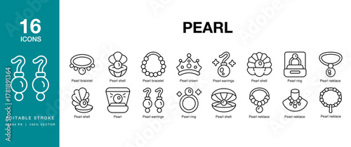 Pearl icon set. Includes pearl, nacre, oyster, mollusk, gemstone, jewelry and More. Editable Stroke Icon Collection.
