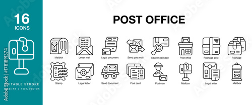 Post Office icon set. Includes post, office, mail, postal, service, delivery and More. Editable Stroke Icon Collection.