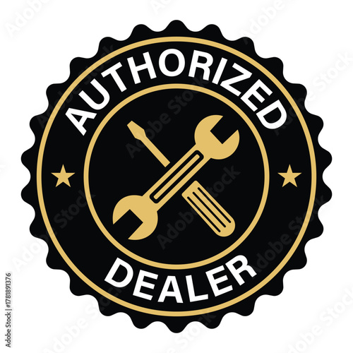 Authorized dealer stamp with crossed gold wrench and screwdriver tools on a black circular badge for certified service and sales