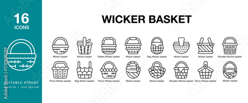 Wicker Basket icon set. Includes wicker, basket, weave, rattan, cane, bamboo and More. Editable Stroke Icon Collection.