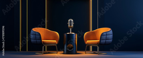  a realistic rendering of two chairs and an elegant microphone placed in the center, illuminated by soft lighting. the background is a dark blue with golden accents. a minimalist style captures the es