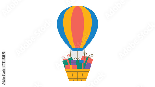 Airborne Gifts: A whimsical illustration of a colorful hot air balloon carrying a basket overflowing with vibrant gift boxes, symbolizing joy, celebration, and the anticipation of surprises.