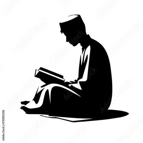 Muslim Reading Quran Silhouette Vector Illustration Black and White, Islamic People Sitting and Reading Holy Book, Man and Woman Worship, Religion and Faith Concept Line Art