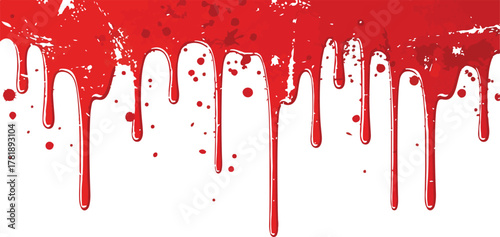 Red paint drips down a white background with scattered splatters and variations in drip length