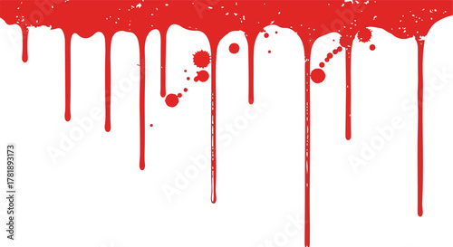 Red paint drips of varied lengths adorn a white backdrop