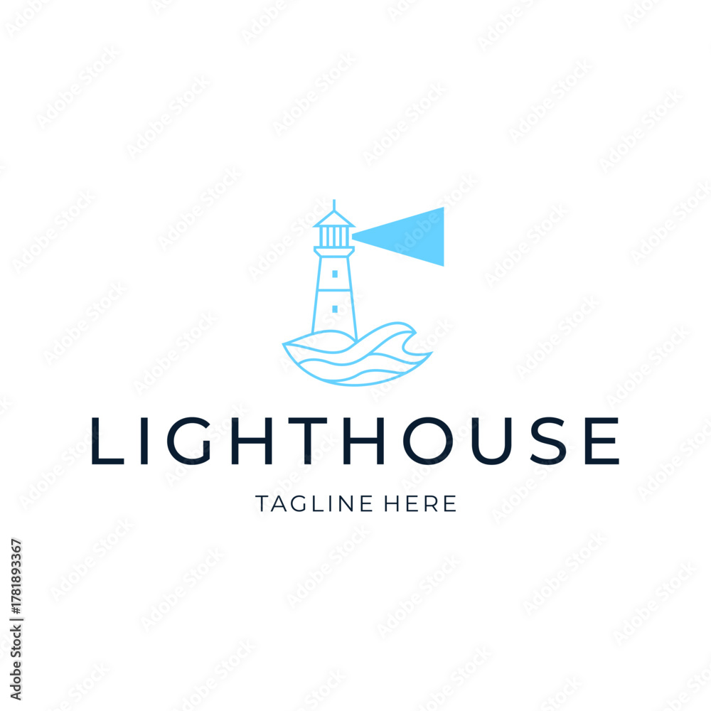 Fototapeta premium Line art lighthouse logo design. geometric ocean flat icon illustration vector