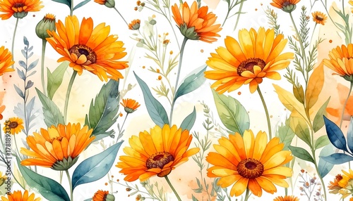 Watercolor floral pattern of vibrant orange calendula flowers.