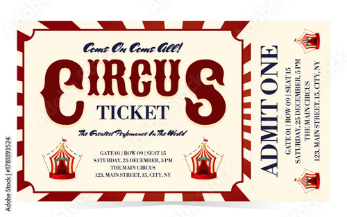 Christmas circus ticket design template with tent. Retro vector illustration isolated on white background. Vintage entry mockup coupon for magic show, theatre, attractions, carnival