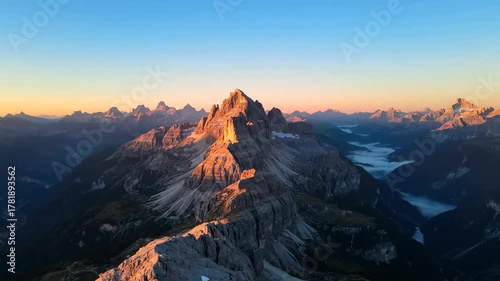 Majestic aerial drone shot flying over rugged mountain peaks at golden hour sunrise, revealing a vast pristine landscape footage, summit, high angle