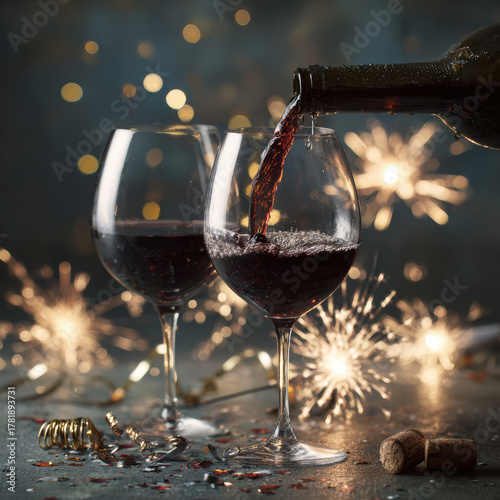 Wallpaper Mural Bottle of wine being poured into two glasses, surrounded by scattered confetti. High quality photo Torontodigital.ca