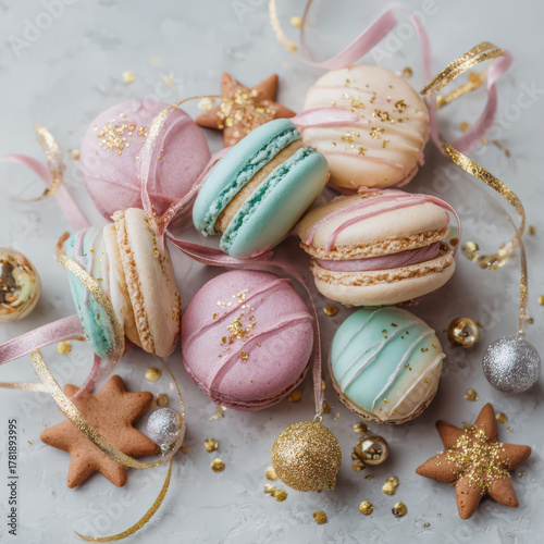 Wallpaper Mural Artistic flat lay composition of colorful macarons and festive gingerbread cookies. High quality photo Torontodigital.ca