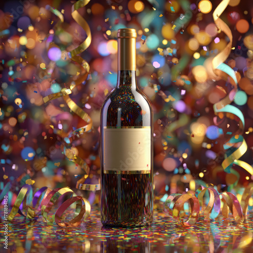 Wallpaper Mural New Year celebration mockup, a bottle of wine or champagne in the center, surrounded by colorful confetti, sparkling lights, festive atmosphere. High quality photo Torontodigital.ca