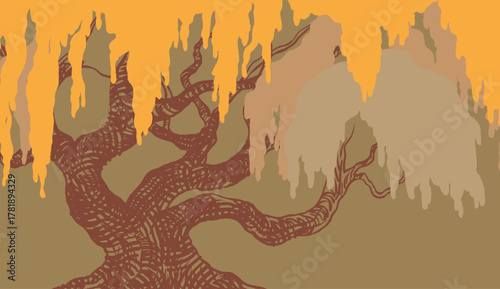 Expressive hand-drawn illustration of a weeping willow tree with dense, textured branches and flowing, autumnal foliage. Rich brown and gold tones create a moody, organic, or fall-themed background.