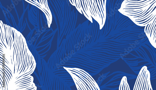 Dense, hand-drawn foliage collage pattern in deep indigo and white. Features sketched flowers and heavy textural hatch marks, creating a bold, artistic, high-contrast botanical background.