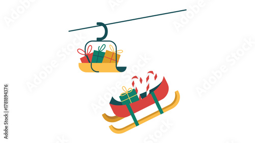 Ski Lift Loaded with Gifts: A whimsical ski lift carries festive presents, hinting at the joy and anticipation of the holiday season, evoking a sense of festive cheer and adventure.