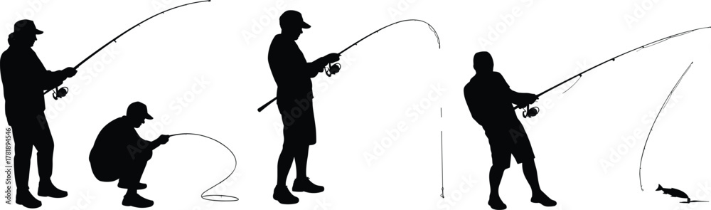 Fototapeta premium Silhouette fishermen practicing sport fishing with fishing rods, outdoor angling hobby poses, catching fish illustration for recreation, lifestyle, activity, entertainment