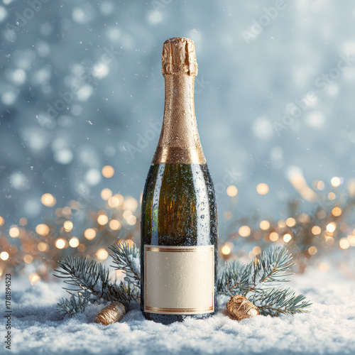 Wallpaper Mural Bottle of champagne standing on snow, surrounded by tiny sparkling fairy lights and gold confetti, pine branches and snowflakes around. High quality photo Torontodigital.ca