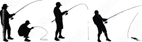 Silhouette fishermen practicing sport fishing with fishing rods, outdoor angling hobby poses, catching fish illustration for recreation, lifestyle, activity, entertainment