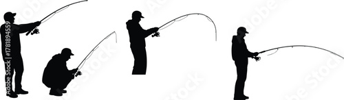 Silhouette fishermen casting fishing rods outdoors, sport angling hobby positions, recreational fishing activity illustration, outdoor lifestyle scene, 