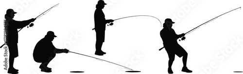 Silhouette collection of people fishing in various poses, outdoor angler activity design, sport fishing illustration for hobby lifestyle and recreation artwork