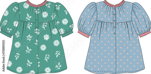 Cute girls dress fashion vector illustration with puff sleeves, floral and polka dot pattern, children clothing template, garment design art