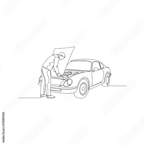 Continuous one line drawing of a mechanic repairing a car with the hood open. Minimalist automobile service and maintenance concept. Single line art vector illustration.
