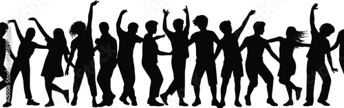 Silhouette vector illustration of dancing people celebrating party event, active crowd movement, festive dance group graphic design for creative decoration and branding