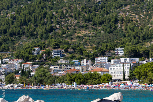 Fototapeta Naklejka Na Ścianę i Meble -  A mountainside hotel in Makarska, Croatia. View from below.