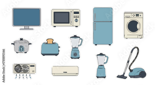 Flat Vector Electronics Sticker Set – TV, Oven, Fridge, Washing Machine, and Appliances