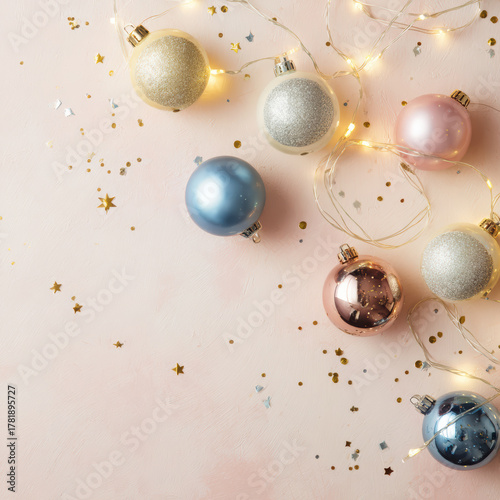 Wallpaper Mural Minimalist holiday composition, top view of colorful Christmas baubles, delicate string lights . High quality photo Torontodigital.ca