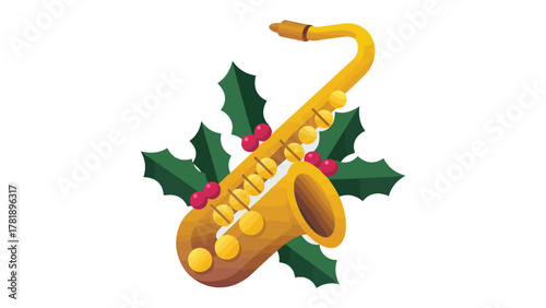 Golden Saxophone Serenade: A bright, polished saxophone, adorned with festive holly leaves and berries, captures the joy and warmth of the holiday season.
