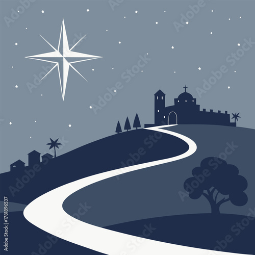 star of bethlehem shining over peaceful village with winding path and trees